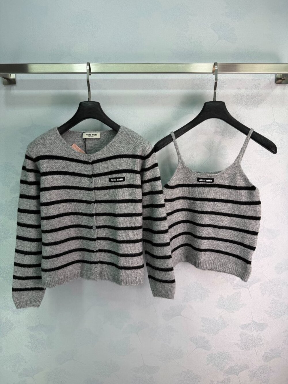 Miu Miu Gray Striped Knit Cardigan & Cami Set